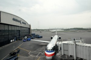 An American Airlines jet at LaGuardia's Central Terminal