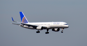A United Airlines jet landing at JFK