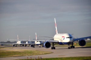 British Airways planes lined up for takeoff in London